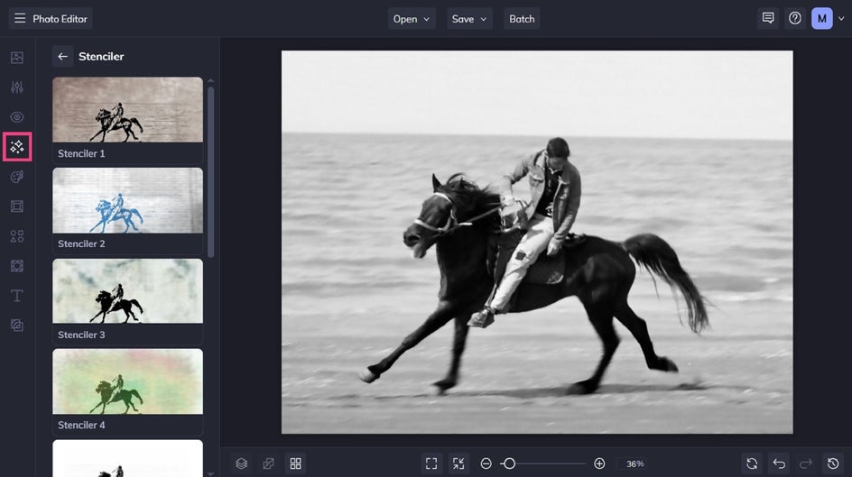 Locating the Stenciler photo effects in BeFunky