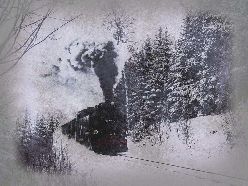 After applying Stenciler effect to vintage photo of train in the snow