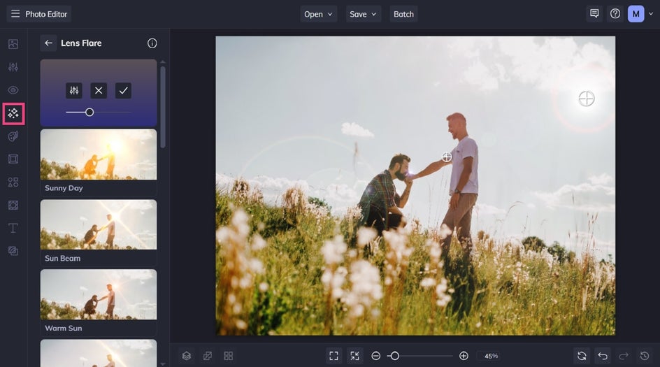 Add a lens flare to an engagement photo in BeFunky