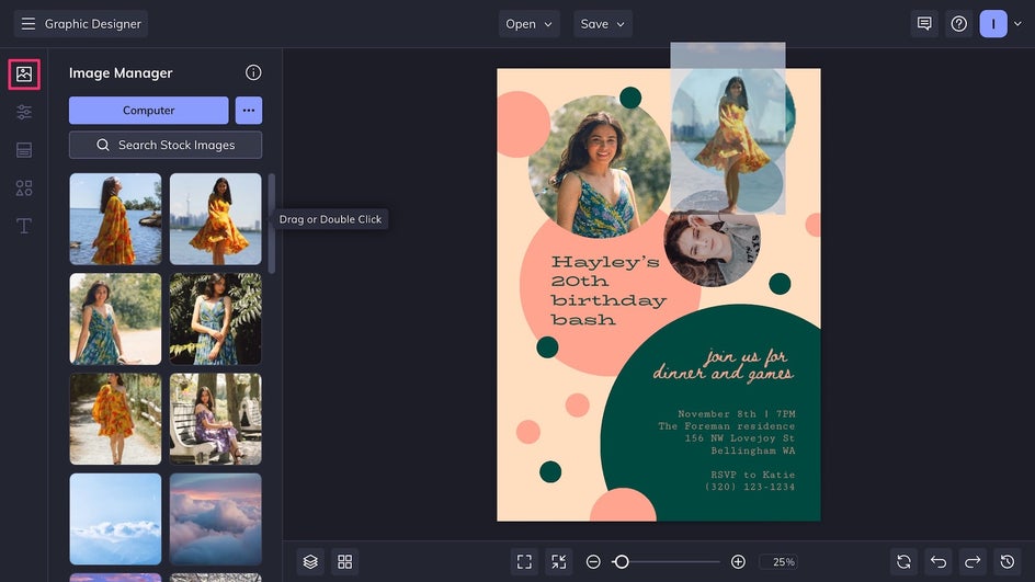 Drag and drop birthday card imagery from Image Manager