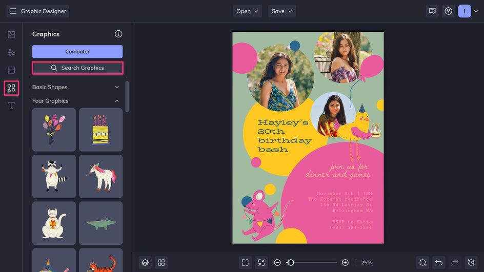 Graphics tab highlighted for birthday party theme