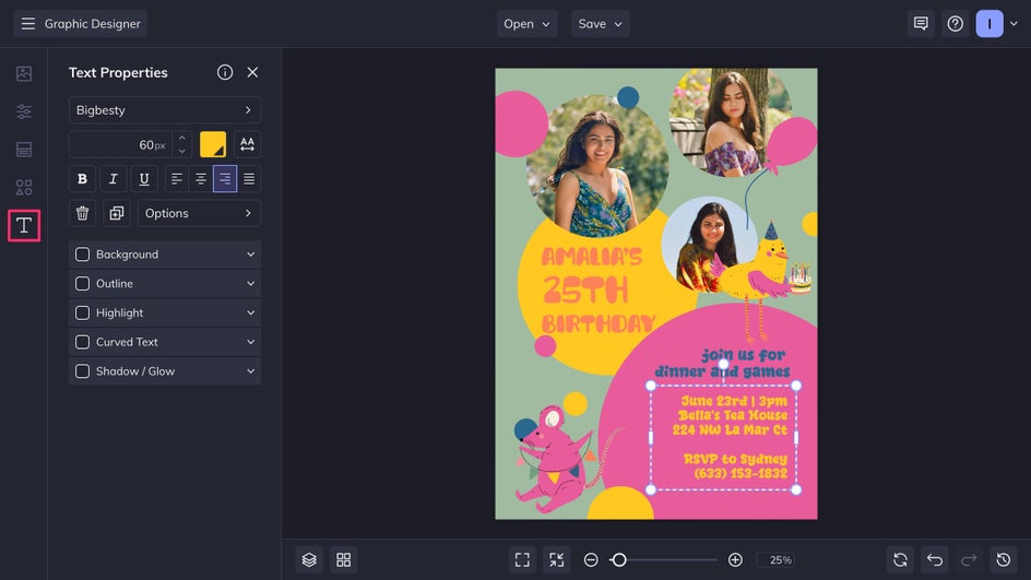Text tab highlighted for editing text