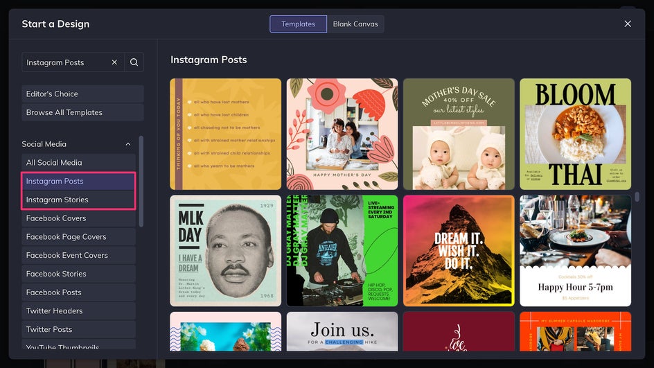 Instagram Post and Story template categories in the Graphic Designer