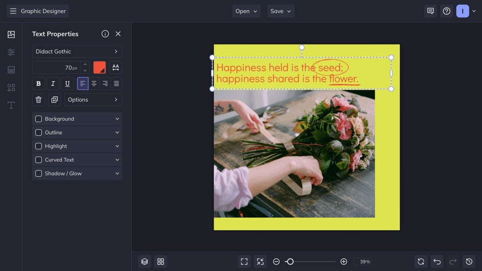 Text Properties menu used to customize Instagram Post template