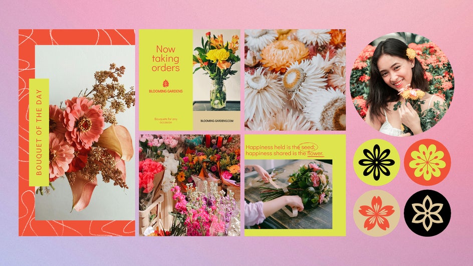 Posts, Stories, and profile imagery all following a colorful and floral-based aesthetic