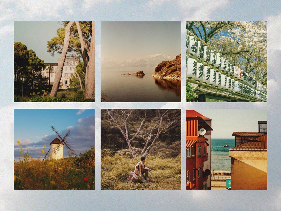 6 vintage stye Instagram Posts on a cloudy background