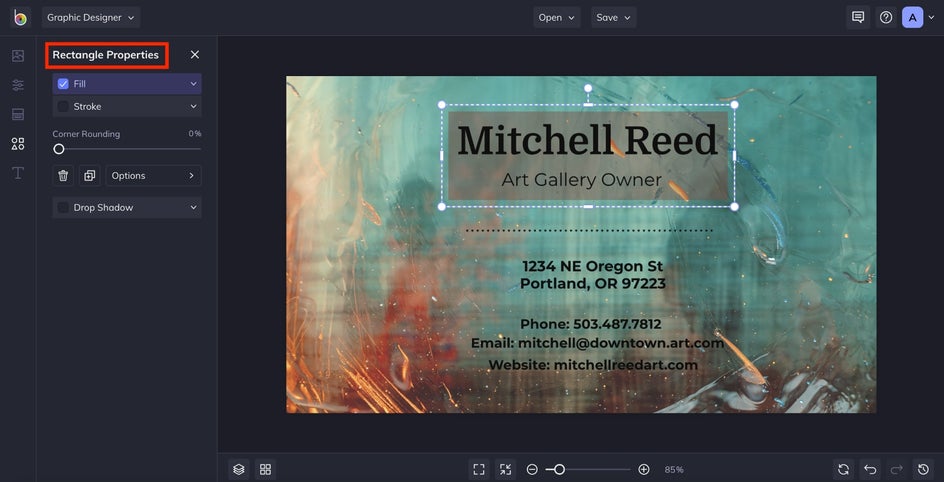 Edit rectangle properties for business card