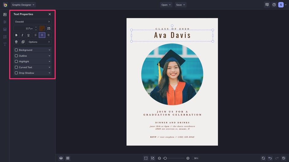 change text properties for a unique graduation invite