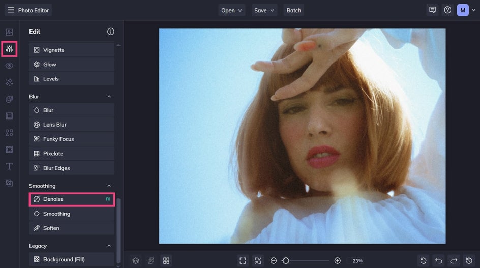 Locating the Denoise tool in BeFunky