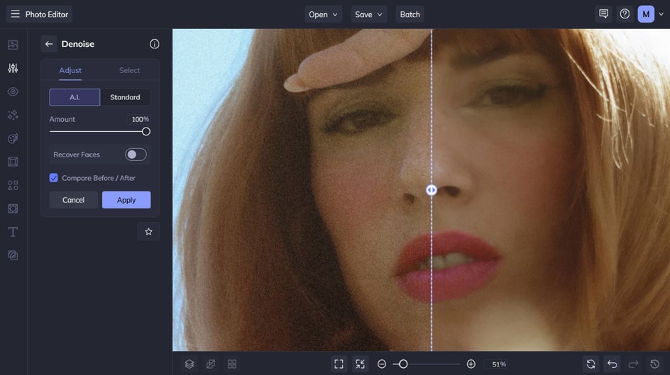 Applying the Denoise tool to a photo in the Photo Editor