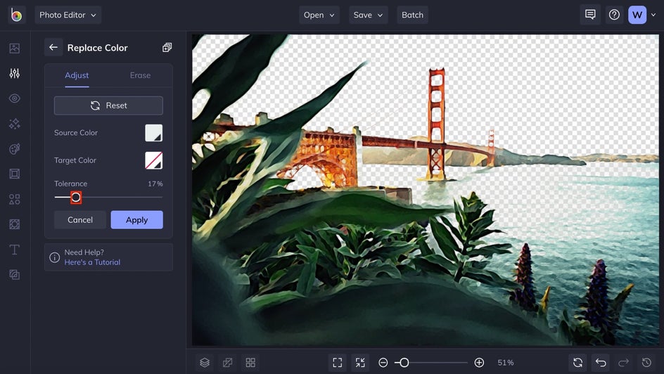 Adjust tolerance of replace color for photo to watercolor landscape