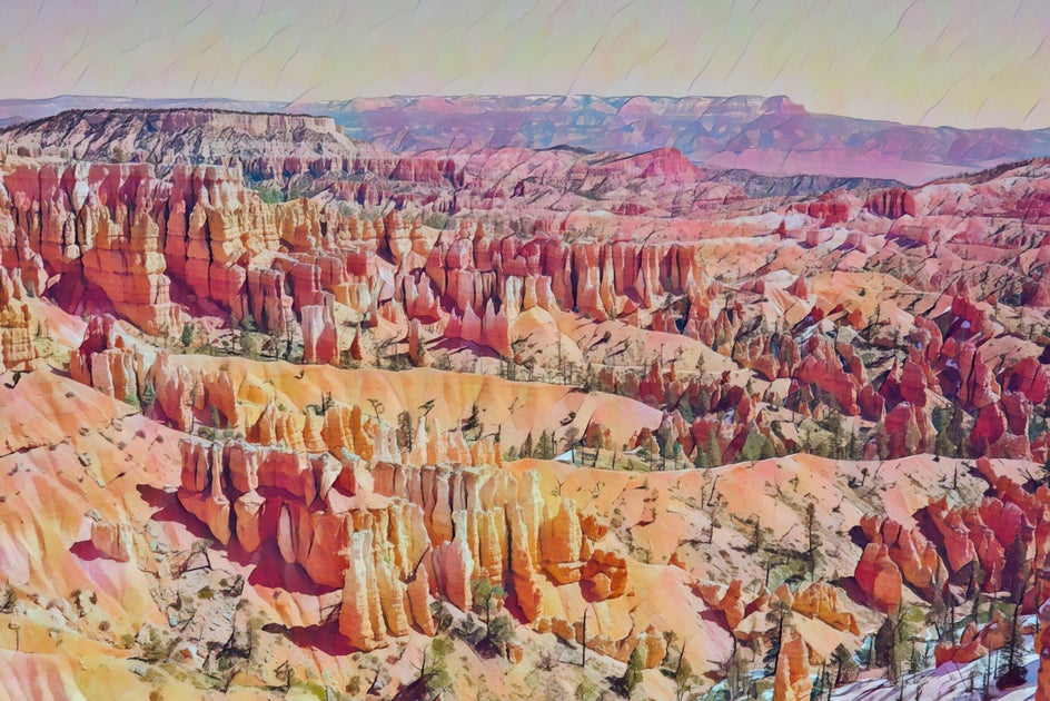 Photo to watercolor landscape canyons after