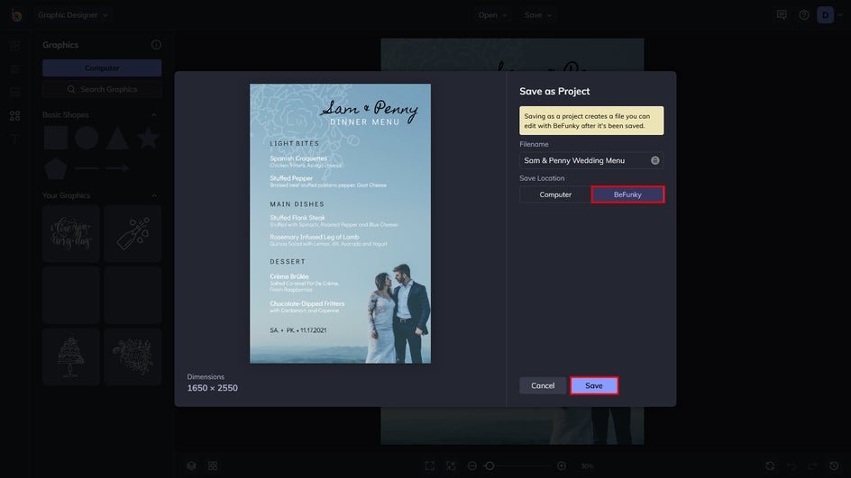save wedding menu as project