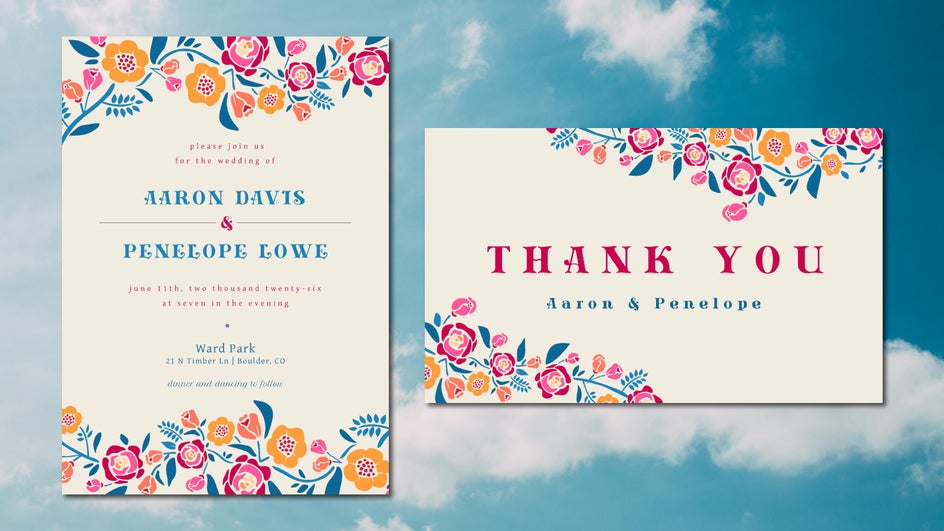 Invitation and Thank You cards with matching floral theme