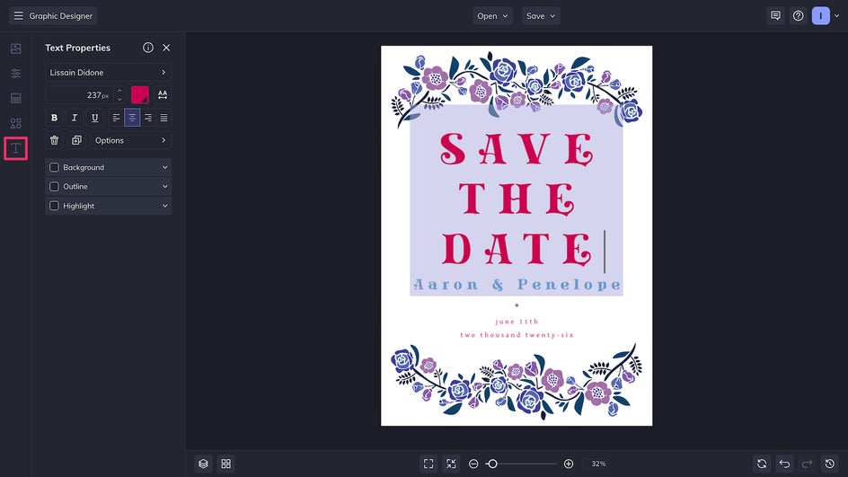 Text tab highlighted for changing Save the Date template