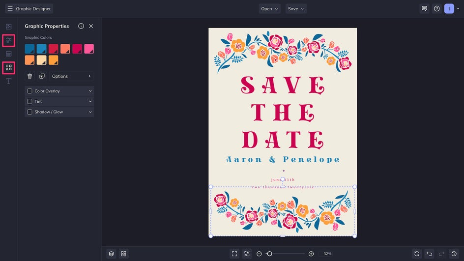 Customize and Graphics tabs highlighted for customizing Save the Date template