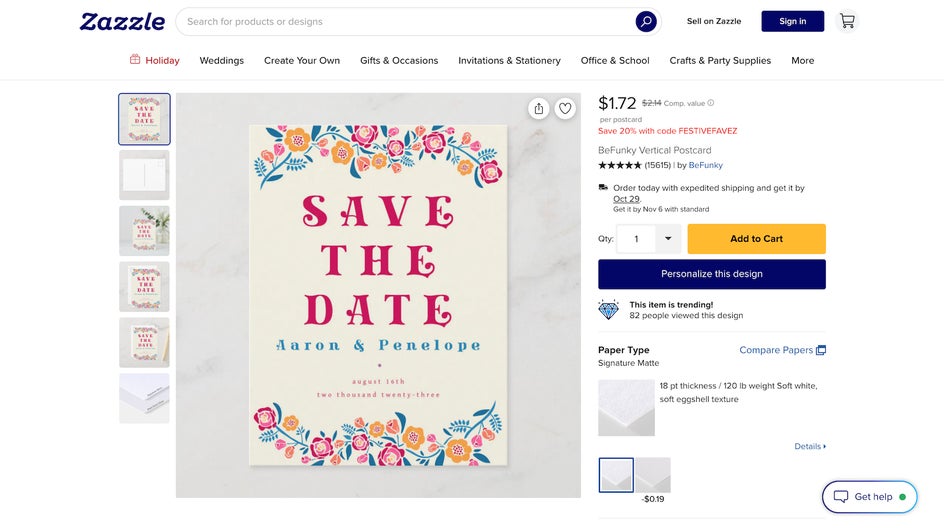 Zazzle printing interface for wedding template