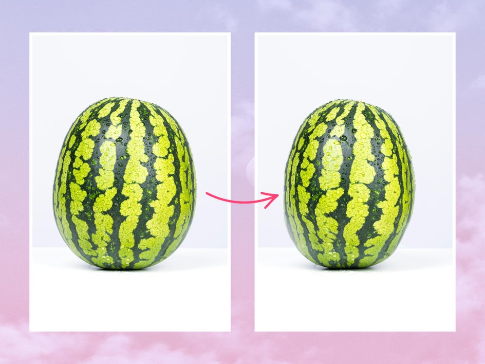 Slim photo editor before and after applying the Reshape tool to a watermelon