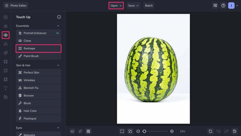 Reshape tool highlighted in the Touch Up tab