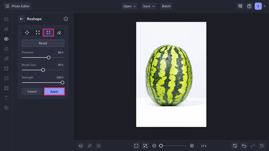 Reshape tool adjustments in Reshape menu