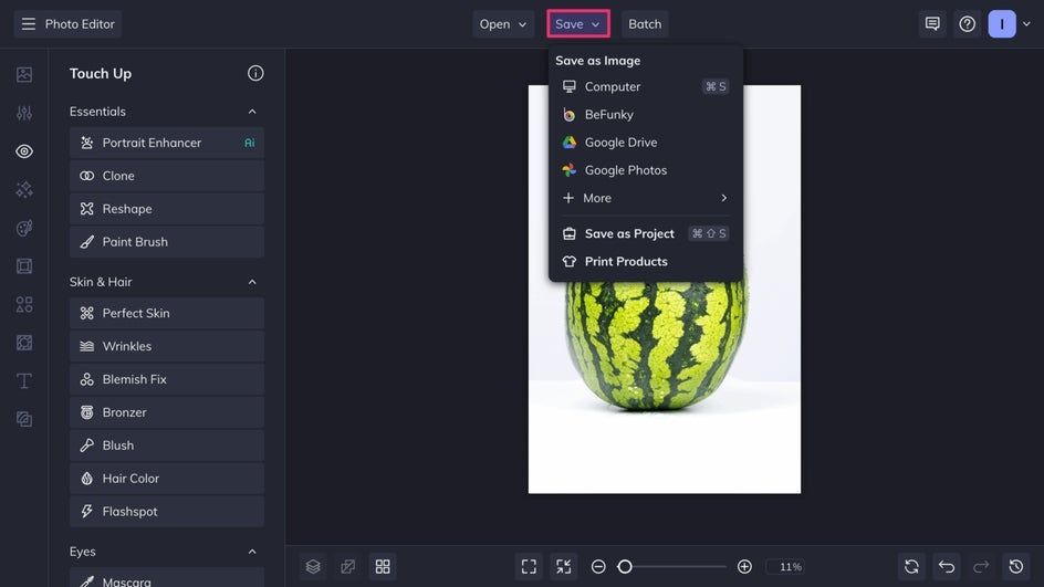 Save menu highlighted after slimming photo