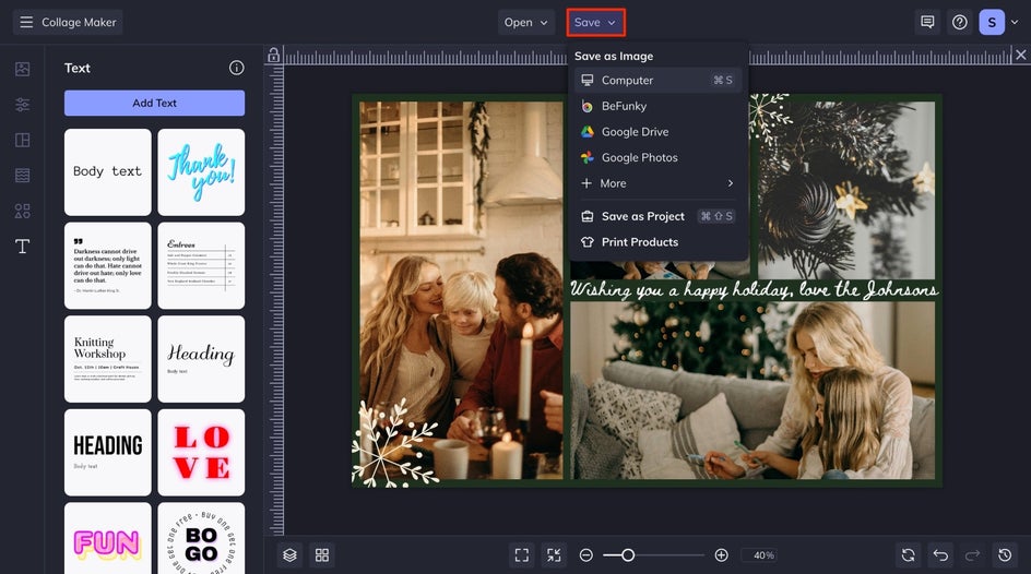 Save menu for final collage card