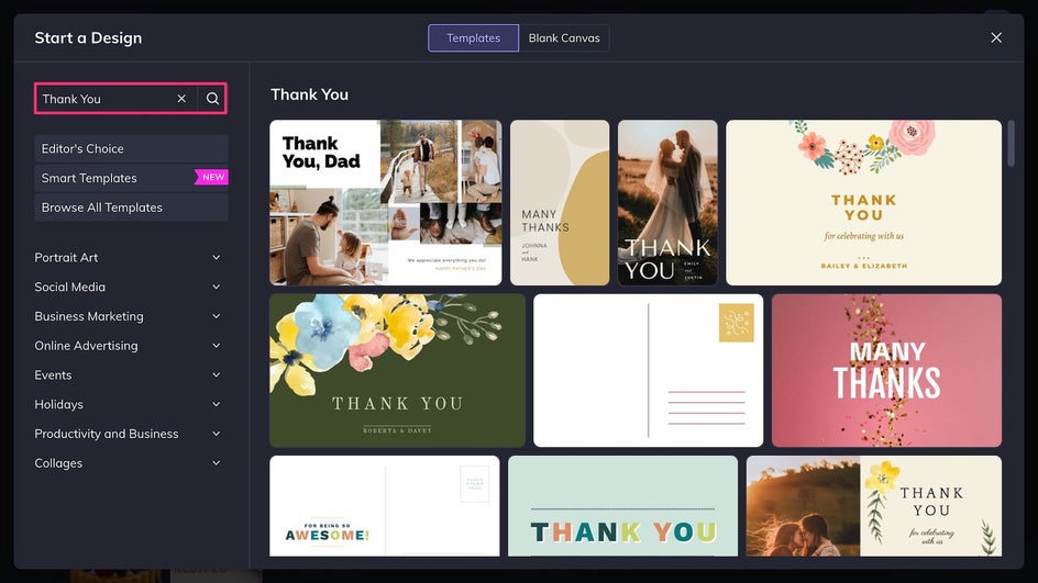 Thank You card category in Graphic Designer