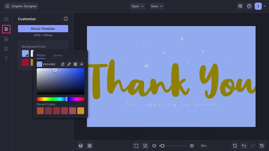 Customize tab highlighted for card template