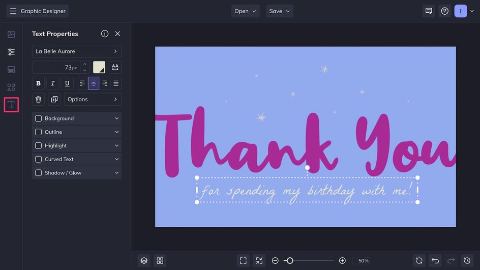 Text tab highlighted for thank you message