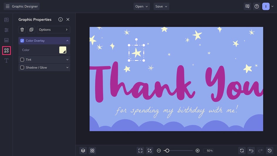 Graphics tab highlighted for thank you design