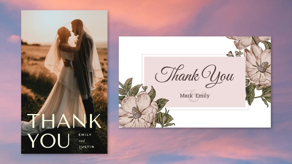 Wedding thank you cards with floral and big photo themes