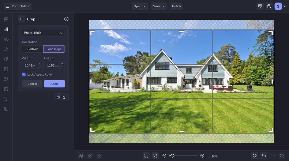 Crop tool in the Edit tab used to make VRBO outdoor shot 16x9