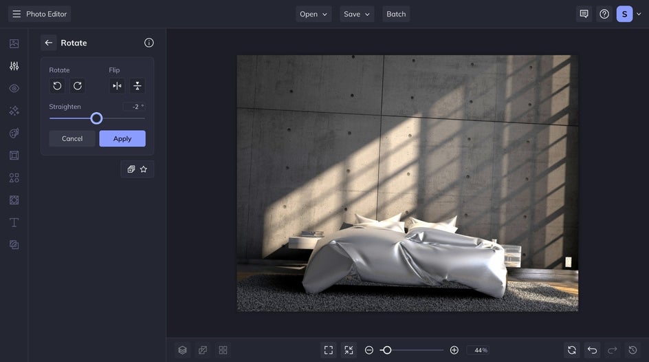Rotate tool in the Edit tab to fix crooked interior shot