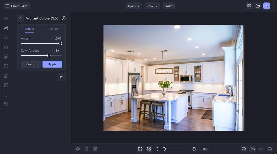 Vibrant Colors DLX in the Edit tab used to up the vibrancy of VRBO photos without oversaturating