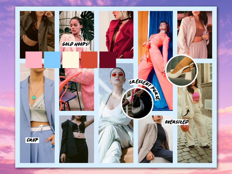 Fashion mood board with pink sunset background