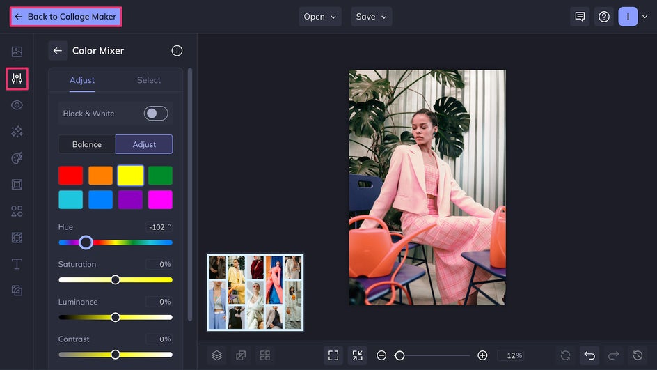 Color Mixer in Edit tab with button to go back to Collage Maker