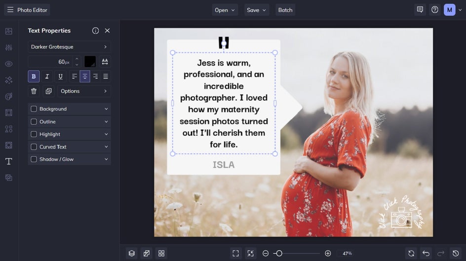 Using the Text Properties toolbar in BeFunky