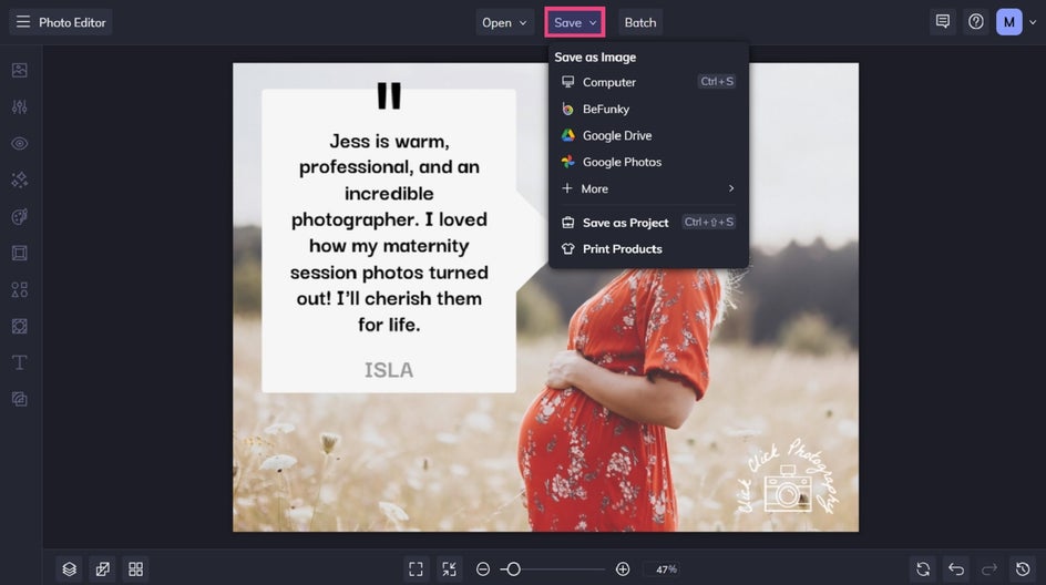Saving photo with speech bubbles in BeFunky