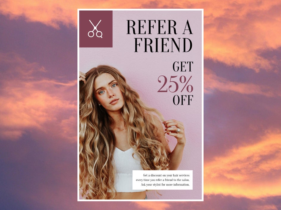 Refer a Friend haircut promotion with slightly blurred hair model
