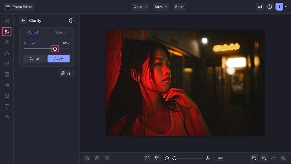 Edit tab of Photo Editor with Clarity tool selected for low light portrait of a woman