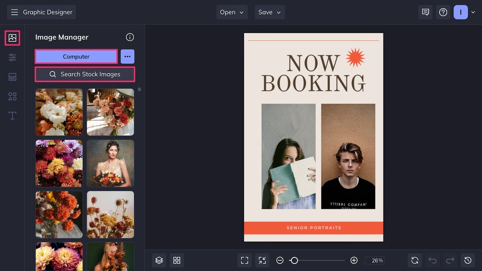Image Manager tab for uploading and adding images to templates