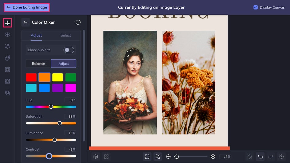 Edit tab highlighting the Color Mixer tool and how to get back to the Graphic Designer