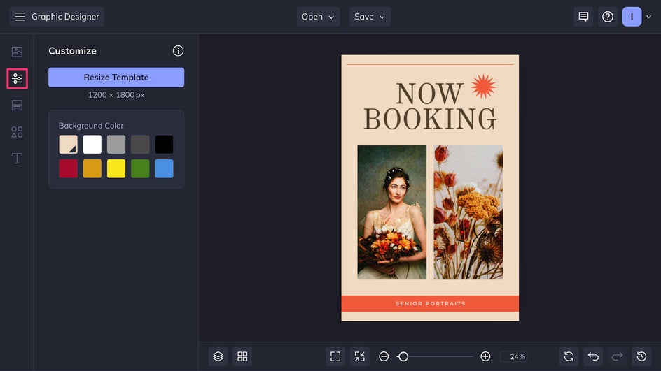 Customize tab for changing the background color or postcard size