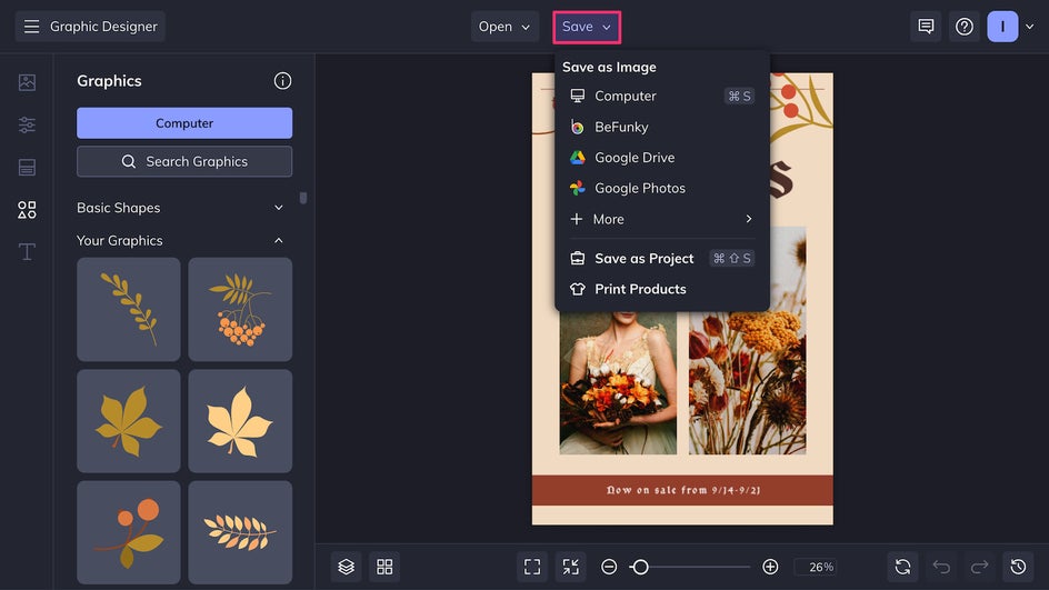 Save final postcard design from the Save dropdown menu