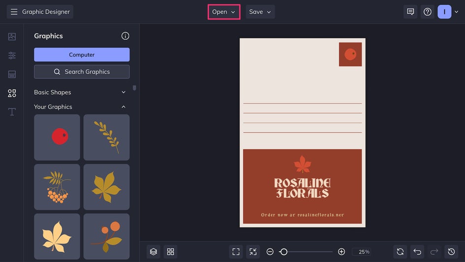 Open back side of postcard template from the Open menu
