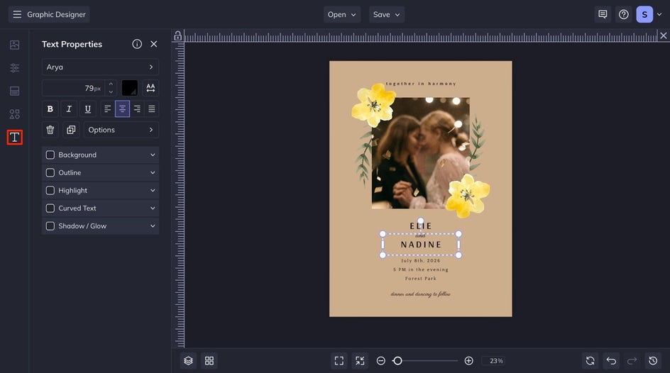 Text tab to edit details of the wedding invitation