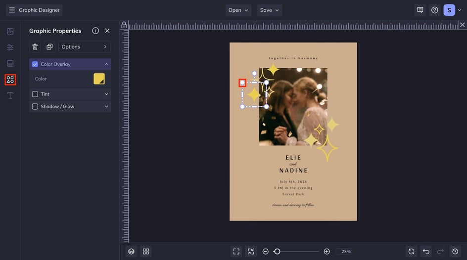 Graphics tab to customize the details for the wedding theme