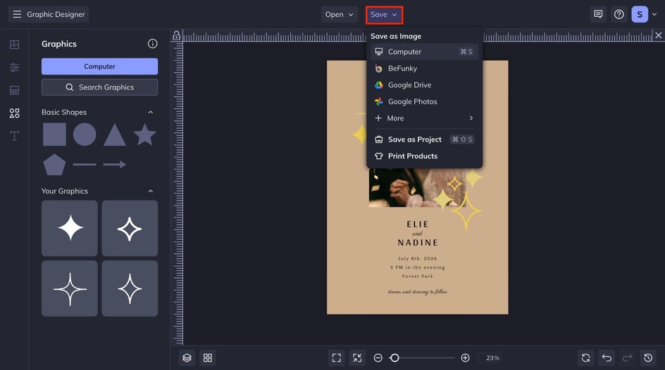 Save menu to save wedding invitation to destination of choice