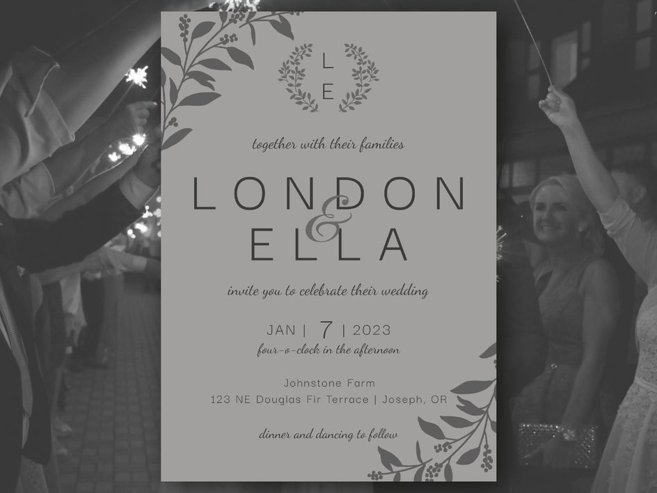 Black and white wedding invitation with simple graphics