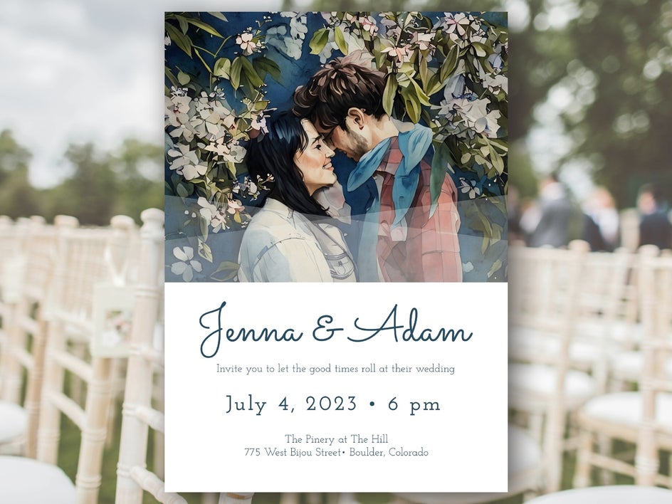 Artsy outdoor wedding invitation with photo to art effect applied